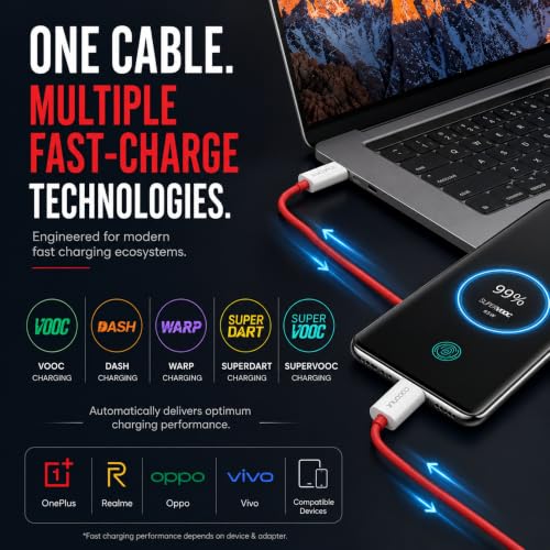 Image of coconut C1 USB to Type C Fast Charging Cable 65W, 1M Red, Dash /Warp /VOOC /SuperDart Support, USB C Cable for OnePlus, Realme, Oppo, Vivo, Android Fast Charger Data Sync Cable - 6 Months Warranty