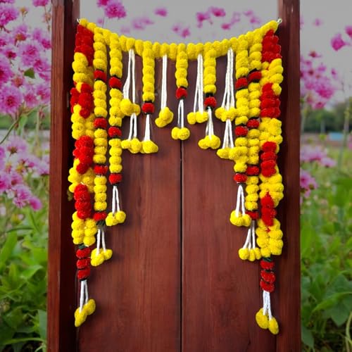 Image of iHandikart Handcrafted red & Yellow Artificial Marigold bandanwar that adds Festive Charm to Doors and Walls. Ideal for Makar Sankranti, Lohri, Housewarming, Pooja decor and Home Decoration (B0085)