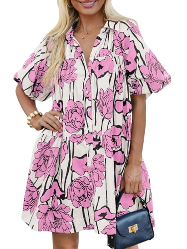 Skoinvb Women's Summer Short Puff Sleeve Floral Dress Button Down