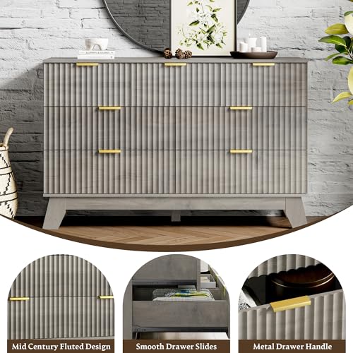 Image of HUANLEGO 48 inch W Fluted Dresser for Bedroom with 7 Drawers, Grey | Mid Century Modern Dressers & Chest of Drawers, Boho Dresser for Closet, 7 Drawer Storage TV Stand for Bedroom