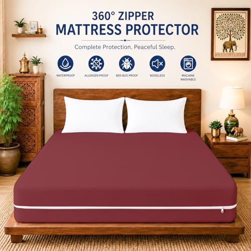 Image of ARLinen Waterproof Mattress Protector Cover Single Size with Zipper - 6 Sided Bed Bug Proof Encasement, Dustproof & Breathable Fabric, Fits 36x78x6 Inch Mattress, Maroon