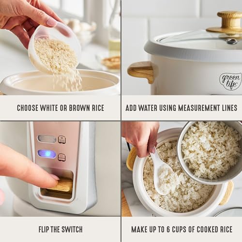 GreenLife Rice Cooker with Removable PFAS-Free Ceramic Nonstick Pot, 3-Cups Uncooked/6-Cups Cooked, Grains & Oatmeal Multicooker, Compact One-Switch Design, Auto Keep Warm, Easy Clean, Cream - Image 6