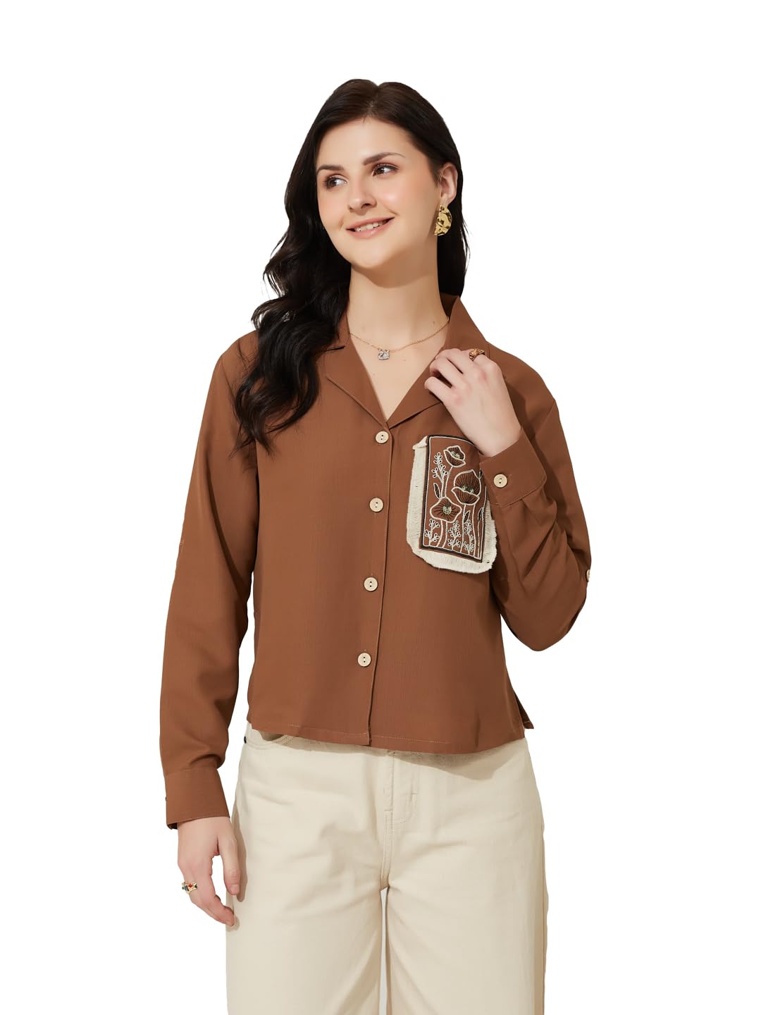 j turritopsis Women Boxy Cropped Solid Shirt with Embroidered Pocket Full Sleeve-picture-23