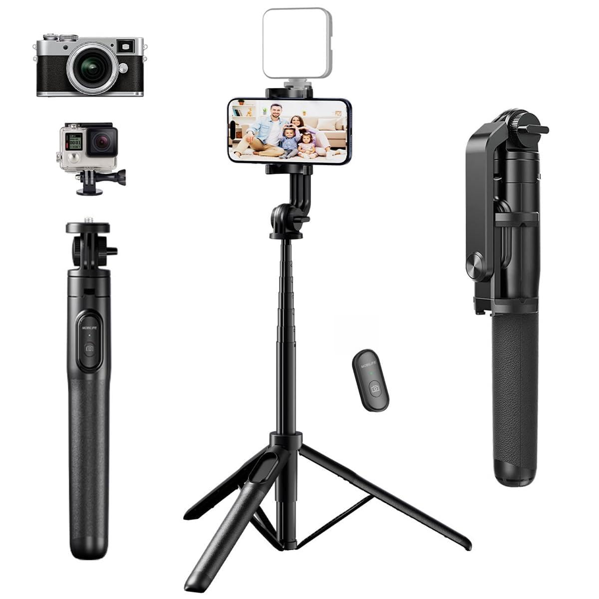Mobilife 64" Multi-Function Selfie Stick Tripod Bluetooth Tripod Stand for Phone 1/4" Screw for DJI Pocket 4/3 GoPro Action Camera Aluminum Portable Mobile Tripod