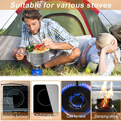 mizikuu Edelstahl Camping Kochgeschirr, Camping Topf für 2-3 Personen Faltbare Große Kapazität 1.5L Outdoor Topf Set Camping Pfanne Ausrüstung Zum Camping Wandern Picknick BBQ Kochen