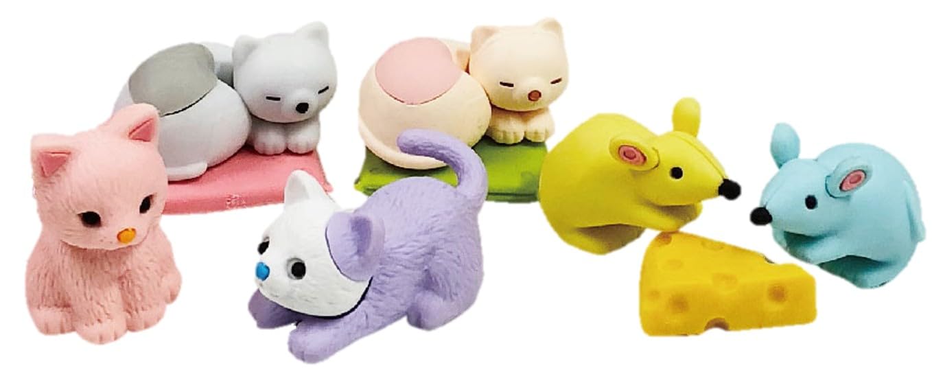 Iwako Lot de Gomme Kawaii Puzzle Chat et Souris - Made in Japan - Mini Gomme Animaux - Enfant Dès 3 ans