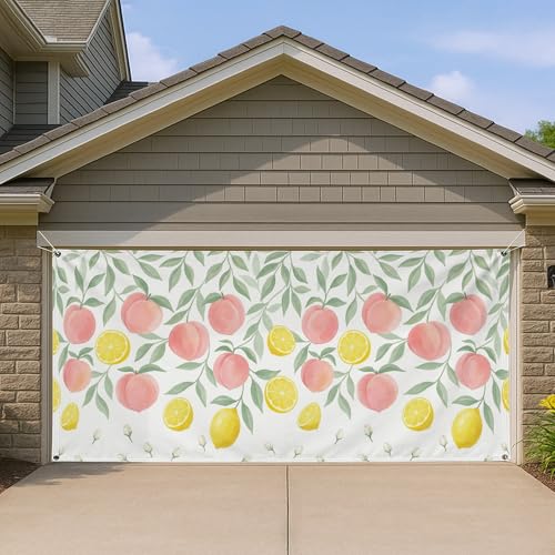 Cubierta para puerta de garaje de melocotón y limón, diseño floral de acuarela para decoraciones de verano al aire libre, perfecta para fiestas y eventos de temporada, 157 x 71 pulgadas