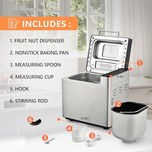Image of EUHOMY Bread Maker Machine 2LB Bread Maker for 3 Loaf Sizes & 3 Crust Colors - Ideal for Family Gifts, Breadmaker with Stainless Steel and Fruit & Nut Dispenser, Gluten Free