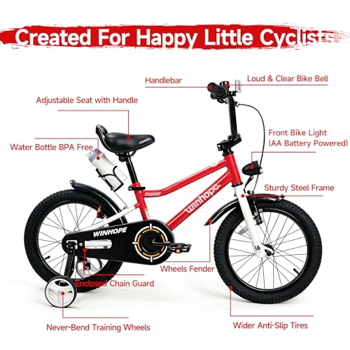 Image of WinHope Kids Bike with Headlight, 12-20 Inch Pedal Bike for 2-12 Boys Girls | Dual Brake with Training Wheels Water Bottle for Summer Outdoor Riding Birthday Gift for Toddlers