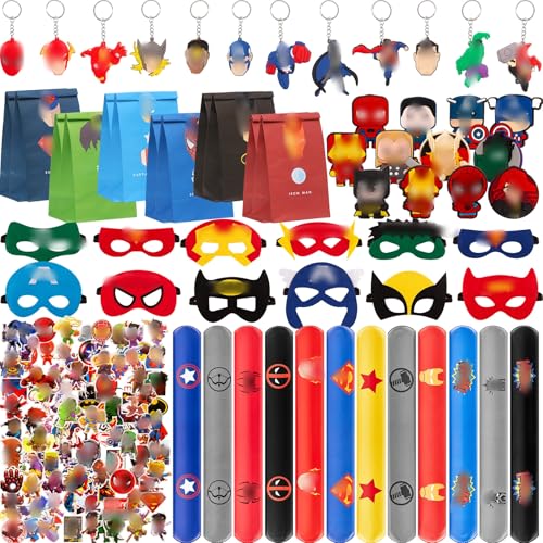 110 PCS Party Bag Fillers for Kids Themed Birthday Party Supplies Include 50 Stickers 12 Masks 12 Shoe Chorms 12 Slap Bracelets 12 Keychains 12 Party Bags Gift for Kids Boys Girls Birthday Present