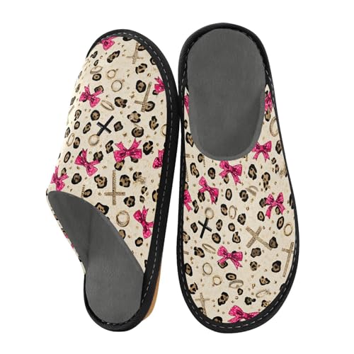 Slippers for Women Leopard Print Pink Bow Pattern Brown Soft Winter Warm Shoes Indoor Outdoor Non-Slip House Travel Slippers