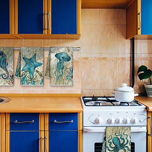 Mixweer 6 Pcs Beach Kitchen Towels Nautical Coastal Hand Towel Fishing Ocean Animal Dish Cloths 16 x 24 Inch Sea Turtle Absorbent Tea Dishcloth Gift for Home Bathroom Kitchen Decor(Blue,Ocean) - Image 7