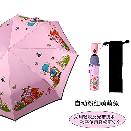 Paraguas Clásicos Paraguas Colegiala Infantil Protector Solar Plegable Automático Paraguas-Conejo De Brote Rosa Automático - Lluvia Y Lluvia Tira Reflectante De Doble Uso