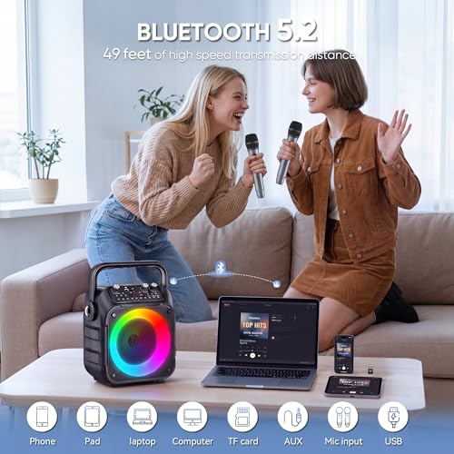 Image of Karaoke Machine, Portable Bluetooth Speaker with 4 Wireless Microphones for Adults & Kids with Lights, Karaoke Microphone with PA System Supports USB /TF /FM /AUX for Home Party Home System Packages