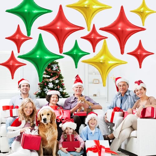 Image of Red Green Gold Star Balloons,12Pcs Four Angle Star Foil Balloons