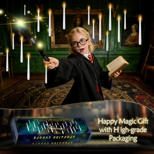 Image of kakoya Flameless Floating Candles with Wand,36 Pcs Magic LED Hanging Taper Candles,Flickering Battery Operated Taper Candle with Wand Remote for Halloween Decorations Best Gift(White)