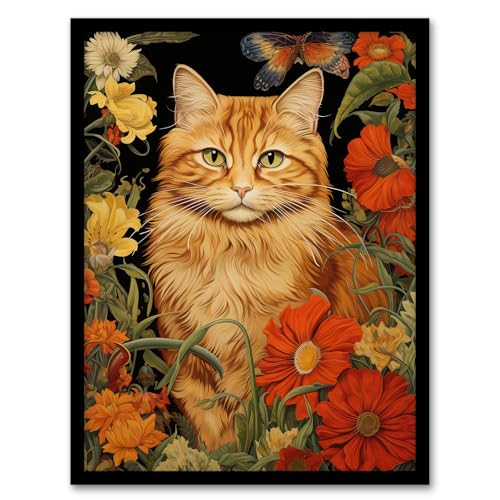 Artery8 Ginger Tabby Cat Floral Painting Orange Red Spring Flower Blooms Detailed Retro Style Low-Key Animal Portrait Art Print Framed Poster Wall Decor 12x16 inch