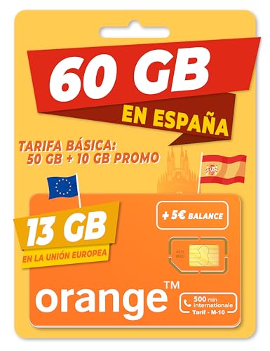 Orange Spain - Tarjeta SIM Prepago 50GB en España| 5€ de saldo | 13 GB en la Unión Europea | 65 Minutos internacionales | Activación Online Solo en www marcopolomobile com