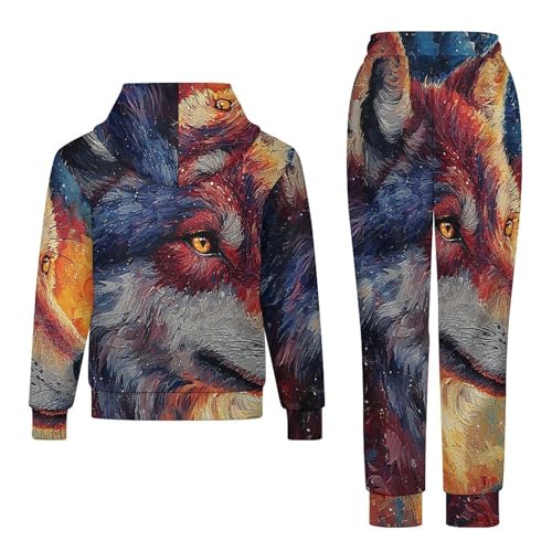 Boy's Girl's Hooded Tracksuit Pullover Sweatshirt Jogging Pants Sweatsuit, Wolf Galaxy4