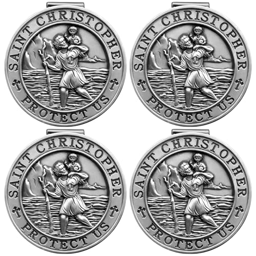 PloreWay St. Christopher Medal for Car, 4 Pack Metal Saint Christopher Visor Clip, Talisman for Safety, Automotive Visor Accessories, Gift for Drivers, Families, Friends