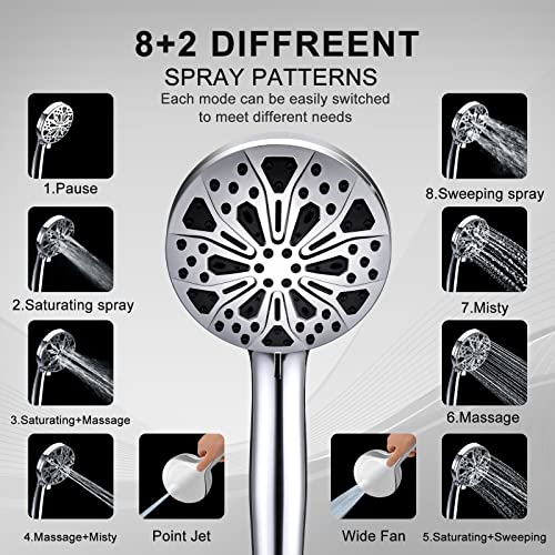 Shower Head, 8" High Pressure Rain Shower Head With With 11 Inch Extension Arm, 10-Mode Handheld Shower Head With Holder/Hose, Built-In Power Wash To Clean Tub, Tile & Pets, Flow Regulator, Chrome #TOP5