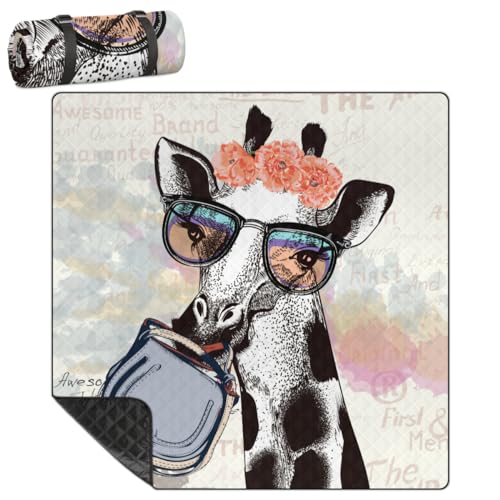 Shimoshe Extra Large Picnic Blankets 79”x 79”, Fashion Flower Giraffe Waterproof Foldable Picnic Mat with Straps Portable Beach Blanket for Camping Park Grass Beach Indoor