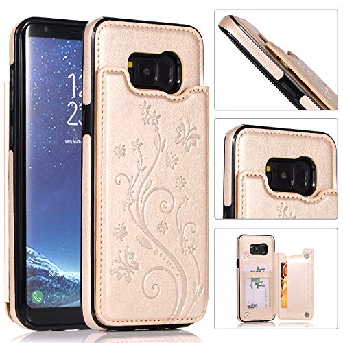 QFUN Back Wallet Case for Samsung Galaxy S8 Plus with Stand, Elegant Embossed Design [Butterfly Flower] Lightweight Slim Fit Leather Phone Case with Card Holder Protective Bumper Flip Cover - Gold