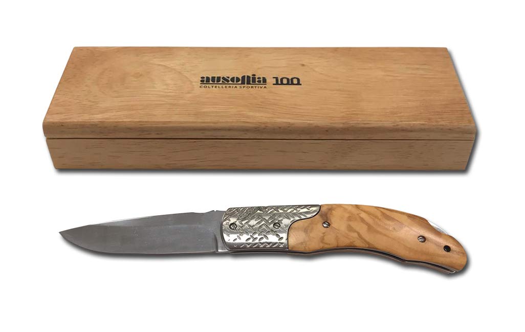 AUSONIA - COUTEAU DE POCHE AVEC LAME EN ACIER INOX ET MANCHE EN INOX AVEC INSERTIONS EN BOIS DE 18 CM, CM 7,5