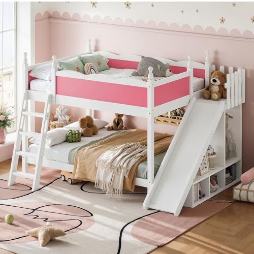 Image of Bellemave Bunk beds Full Over Full with Slide and Stair, Low bunk /loft Bed for Kids,Pink and White