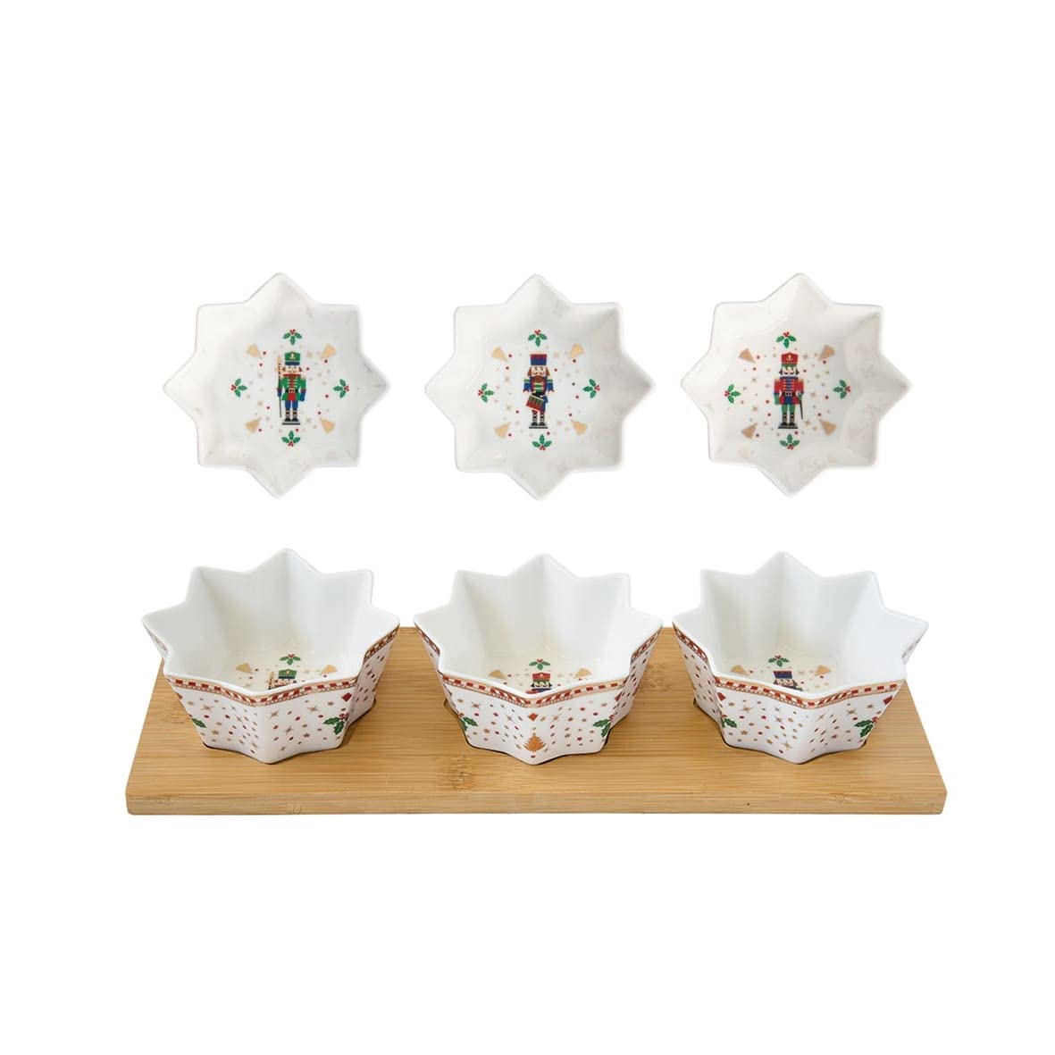 EASY LIFE Aperitif-Set 3 Schalen aus Porzellan und Bambusboden NUSSKNACKER 9 cm