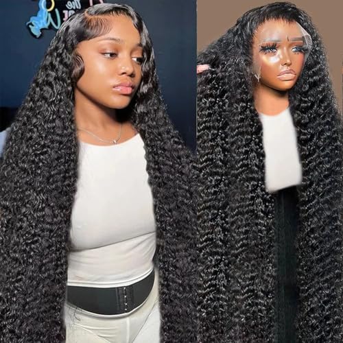 Image of Nsvnsv 13x6 Deep Wave Lace Front Wigs Human Hair Wigs for Women 180% Density HD Transparent Deep Curly Lace Frontal Wigs Human Hair Pre Plucked with Baby Hair Natural Color 38 Inch