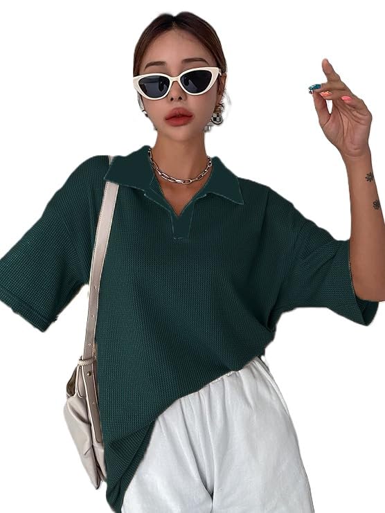 Image of Zilcon Womens Half Sleeve Oversized Tshirt for Woman Trendy Casual V Neck Summer Collared Preppy Tops Fashion Loose Fitted Western Tops for Women Stylish