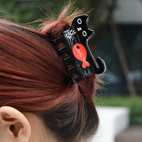 Cat Hair Claw Clips for Women Girls Cute Big Hairpins,Black Cat with Red Fish Splicing Personalised Hair Claw Kawaii Funny Cat Style Medium Clips for Thin Hair, Animal Hair Accessories Gift