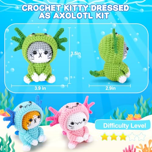 Image of Fortuning's JDS Crochet Kit for Beginners - 3 PCS Axolotl Cat Crochet Kits with Step-by-Step Video Tutorials, Beginner Crochet Kit for Adults, Crochet Cat Dressed as Axolotl Set
