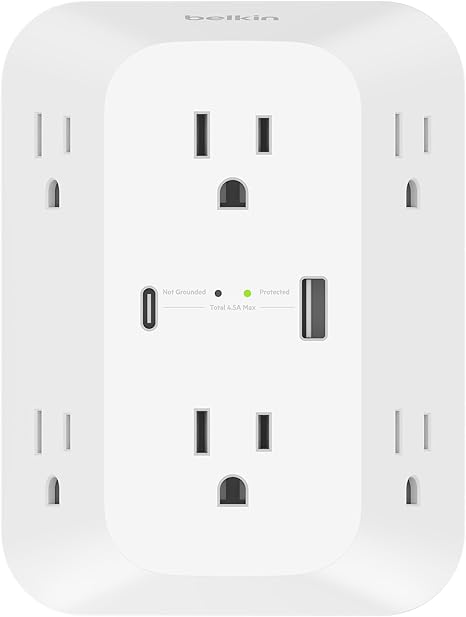 Belkin 6-Outlet Surge Protector Power Strip, ETL-listed, Wall-Mountable w/ 6 AC Outlets, Overvoltage Protection, LED Indicator, USB-C & USB-A Ports w/ USB-C PD Fast Charge - 1,680 Joules of Protection