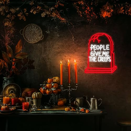 Image of GNVETZLL Halloween Neon Sign for Wall Decor Halloween Tombstone Neon Light Creeps Ghost LED Light up Sign for Party Gift Trick or Treat Party Backdrop