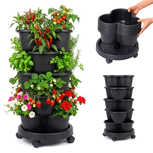 Relaxdays Pflanzturm vertikaler Garten stapelbar auf Rollen HxD: 66x33 cm Erdbeer-Turm mit 5 Etagen PP schwarz