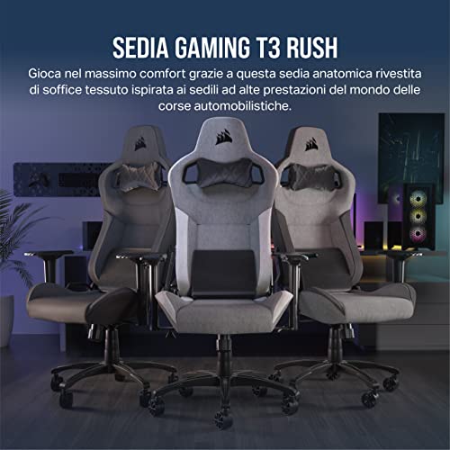 T3 RUSH Fabric (2023) Sedia da Gioco, Tessuto Esterno Morbido Traspirante, Cuscino Cervicale Regolabile e supporto Lombare in Memory Foam, Grigio/Carbone - Sedia gaming - Immagine 2