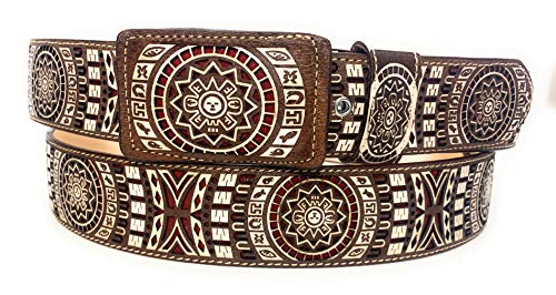 Cinto Charro Azteca, Mens Aztec Calendar Western Belt (Brown/Red, 34)2