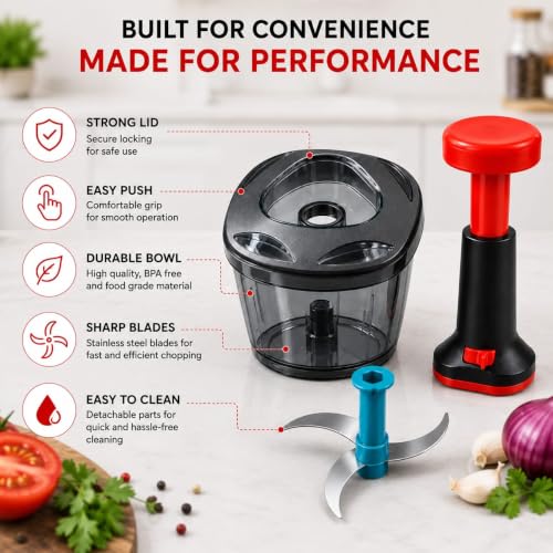 Image of TheXpert Chopper for Kitchen Use, Vegetable Chopper 750ml with 3 Blades | Vegetable chopper for kitchen with 3 sharp stainless steel blades for quick and even cutting