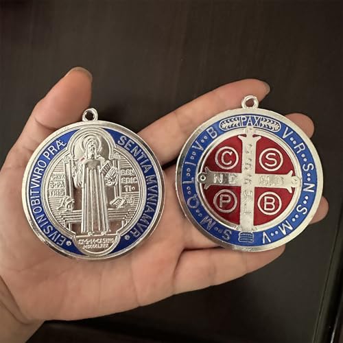 2PCS ST BENEDICT CROSS MEDAL 3 INCH VINTAGE BRASS TONE FINISH FOR WALL OR DESK DISPLAY/MEDALLA DE SAN BENITO (Blue)