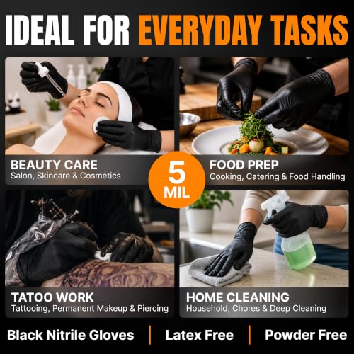 Image of Disposable 5 & 8 Mil Black Nitrile Gloves S-XL - Heavy Duty Latex & Powder-Free - Textured, Chemical-Resistant