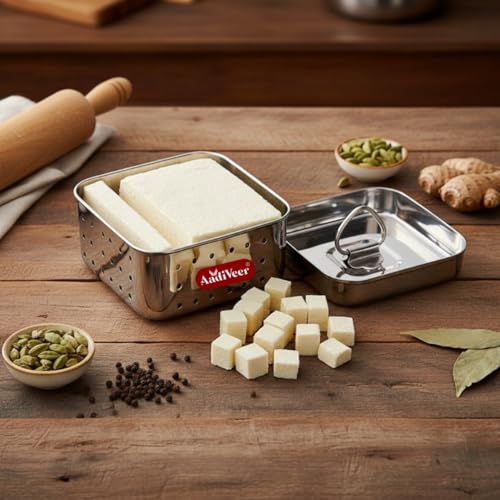 Image of Stainless Steel Paneer Maker | Tofu Maker Square Mould, Paneer Press with Lid | Whey Seperator | Big Size - 650ml