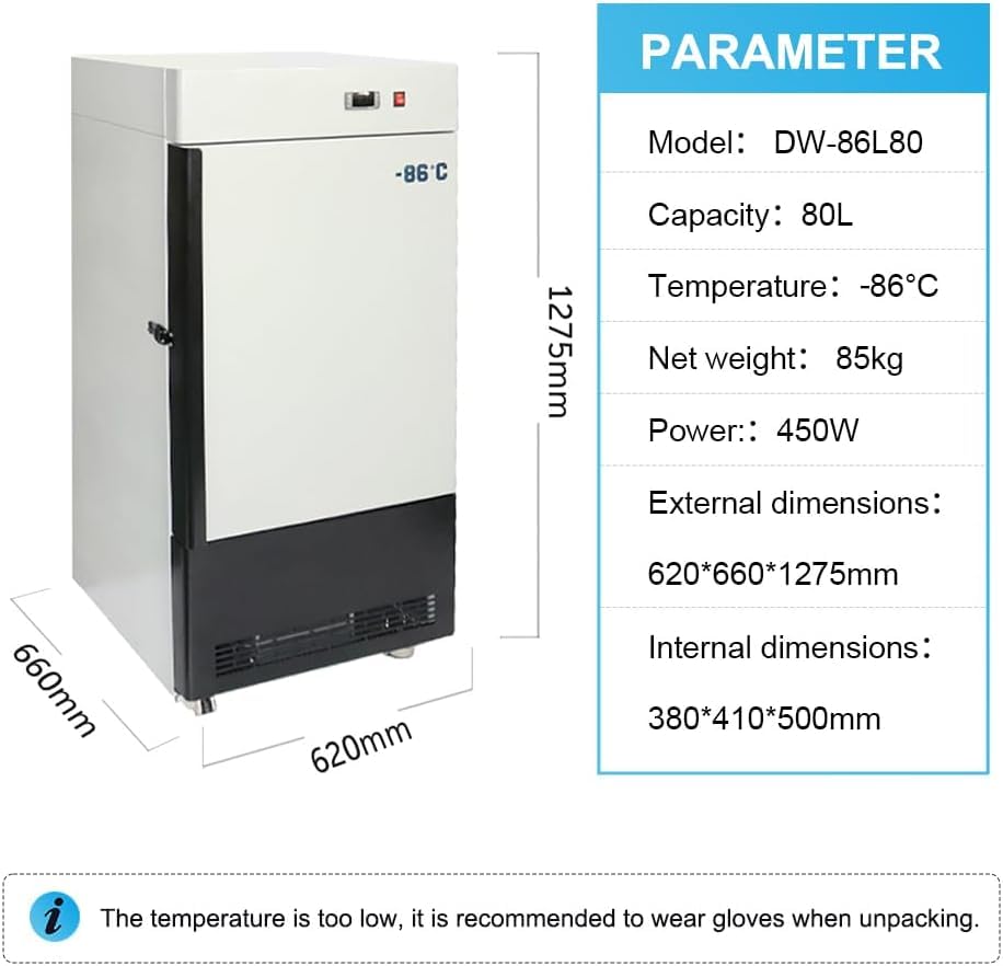 Image of Ultra Low Temperature Freezer, 80L, -40℉ to -123℉ Adjustable Temp Range, with Rollers and Digital Display, 304 Stainless Steel Liner, Low Temp Lab Freezer for Laboratory Samples Storage
