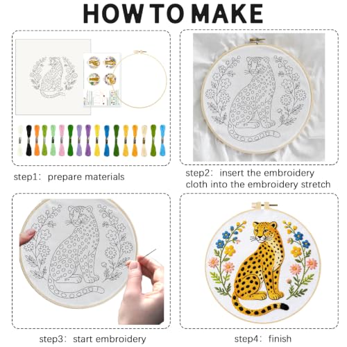 Image of INFUNLY 4Pcs Floral Leopard Embroidery Kit 12 Inch Pre-Printed Jungle Cheetah Needlework Set with Floss Hoop for Boho Wildlife Wall Decor Jungle Animal Lovers Gift