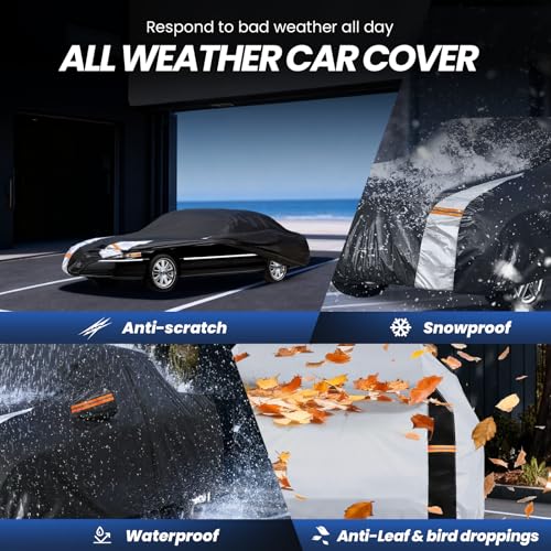 Image of Multi-Layer Car Cover Custom Fit for Lincoln Town(1981-2011), 100% Waterproof All Weather for Automobiles, Gift with Towel, Heavy Duty Car Covers for Rain Sun UV Protection with Door Zipper.