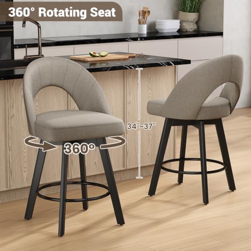 Image of YaFiti 24 inch Counter Height Swivel Bar Stools Set of 2, Oatmeal | Swivel Bar Stools with Ergonomic Curved Back, Fabric Upholstered Seat and Solid Wood Legs for Kitchen Island