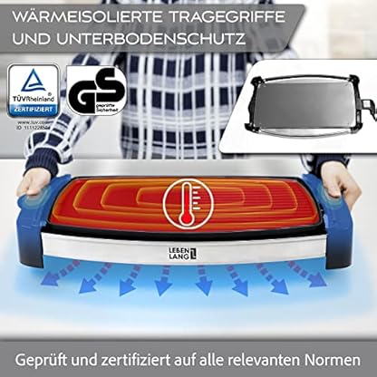 LEBENLANG Tischgrill Elektrisch 2000W - Inkl. Grillzange I 45x30cm I Plancha Elektrogrill für Balkon Innen & Außen I Elektrischer Teppanyaki Balkongrill Grill Elektrische Grillplatte Elektrogrills – Bild 4