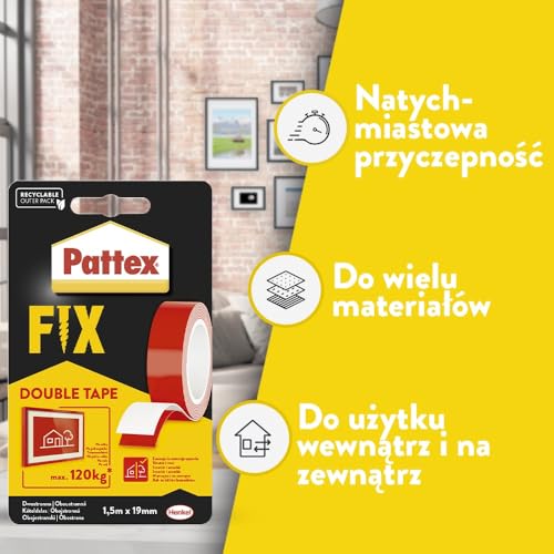 Pattex FIX 120 kg, Supermocna taśma dwustronna montażowa, elastyczna i wytrzymała taśma naprawcza, taśma klejąca dwustronna umożliwiająca montaż bez narzędzi, rolka 1,5mx19mm