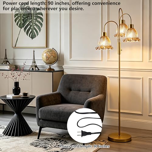 Image of 3-Light Glass Floor Lamp for Living Room, 70 inch Gold Dimmable Standing Tall Lamp with Amber Glass Shades &3PCS 3000K Warm White Bulbs for Wedding /Party, Modern Tree Pole Lamp for Bedroom Home Decor